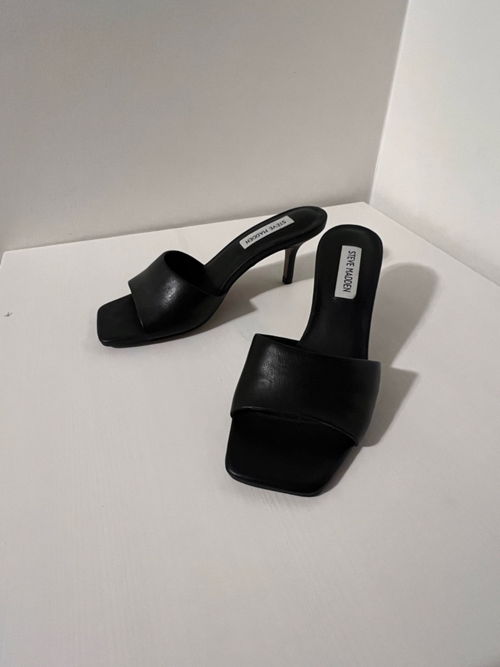 Steve Madden Black Square Band Slide Heels